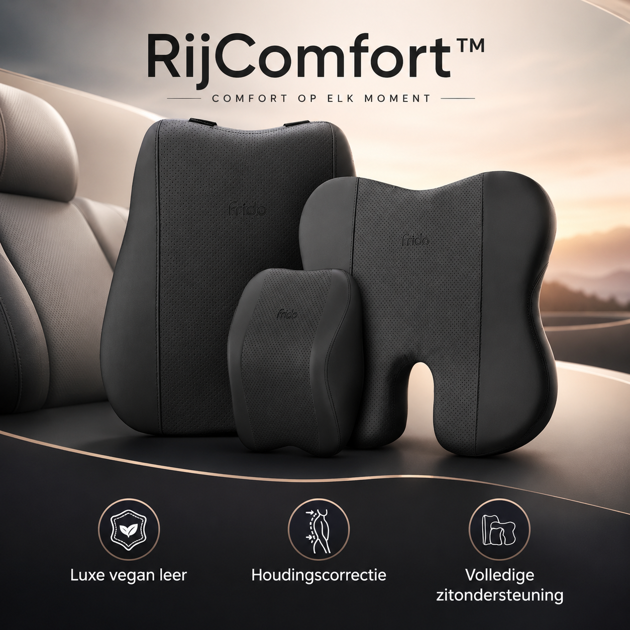 De drie RijComfort kussens van traagschuim met vegan leren hoes