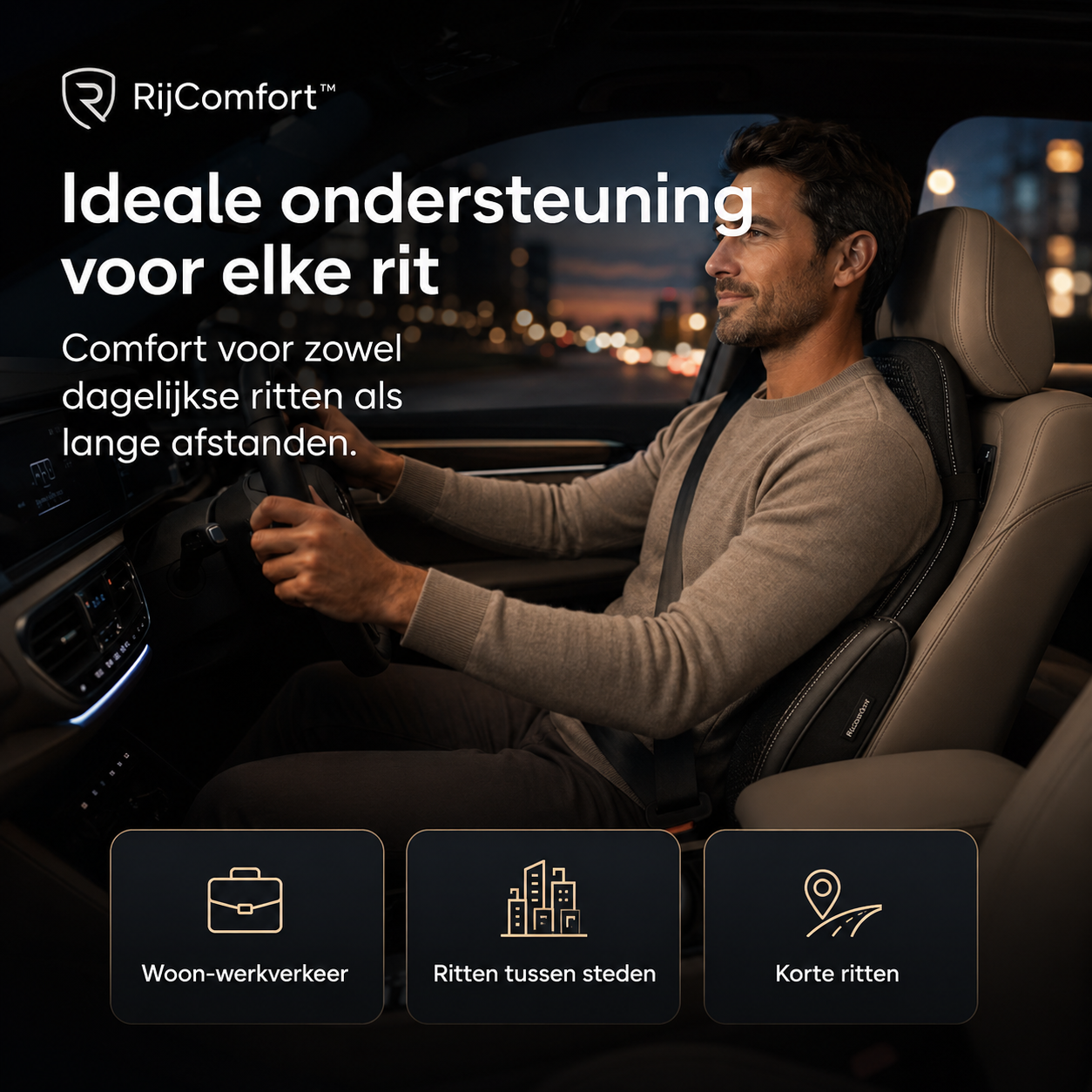 Bestuurder met RijComfort rugsteun tijdens een avondrit door de stad