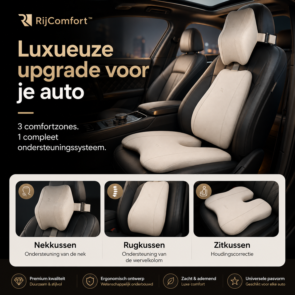De drie comfortzones van de RijComfort set op een autostoel