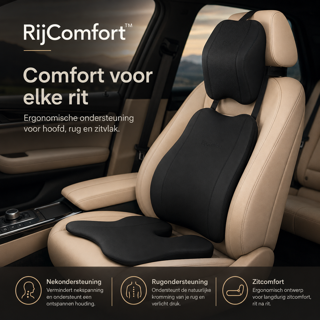 RijComfort nek-, rug- en zitkussen geplaatst op een autostoel